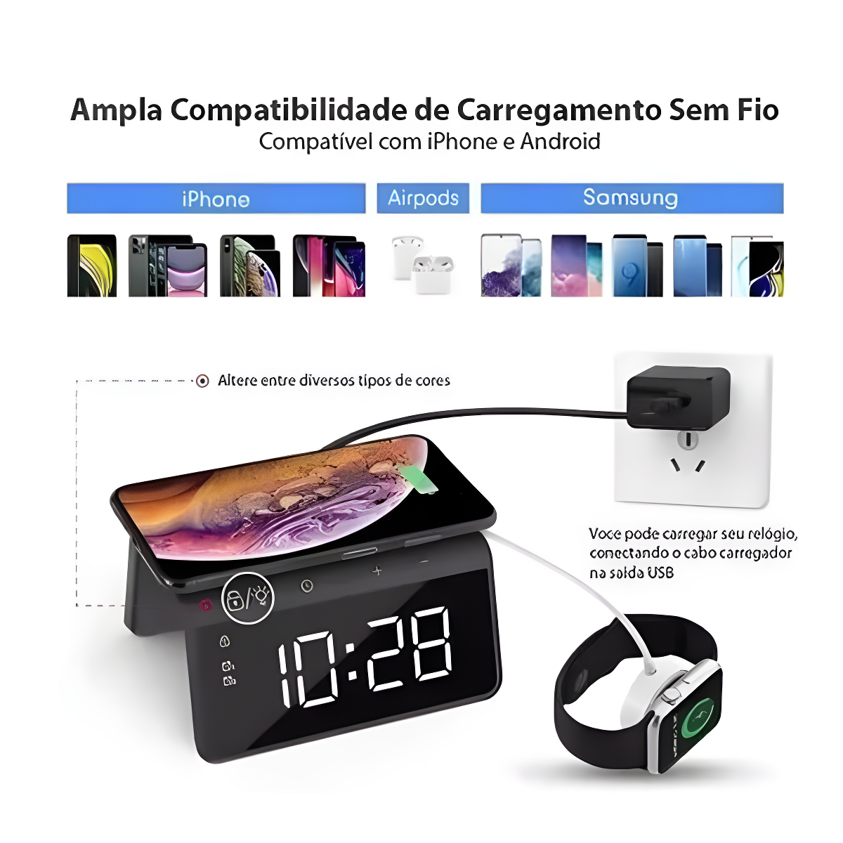 Base de Carregamento Sem Fio com Relógio Digital