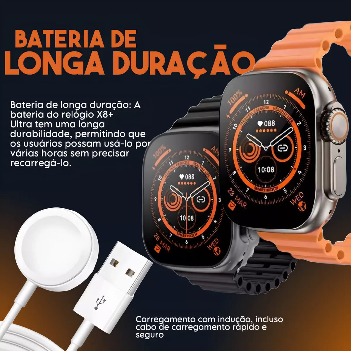 Relógio Inteligente Laranja com Tela HD
