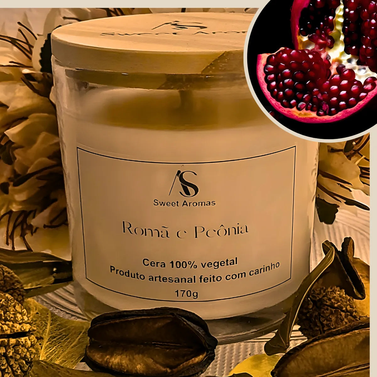 Vela Aromatica Artesanal Perfumada - Romã e Peônia