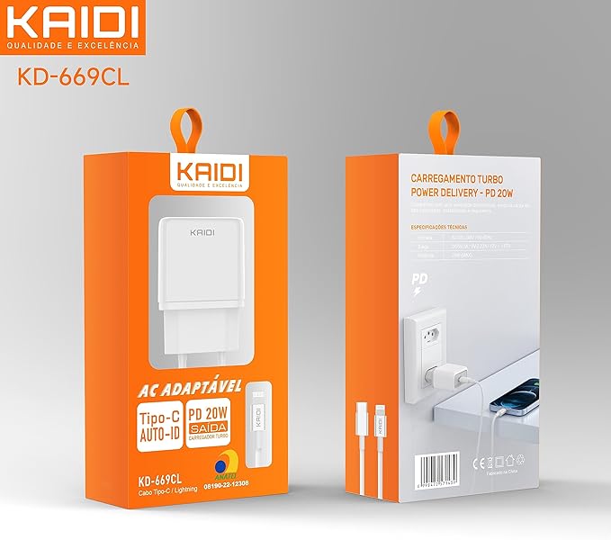 Carregador 20W Kaidi Tipo C para Lightning