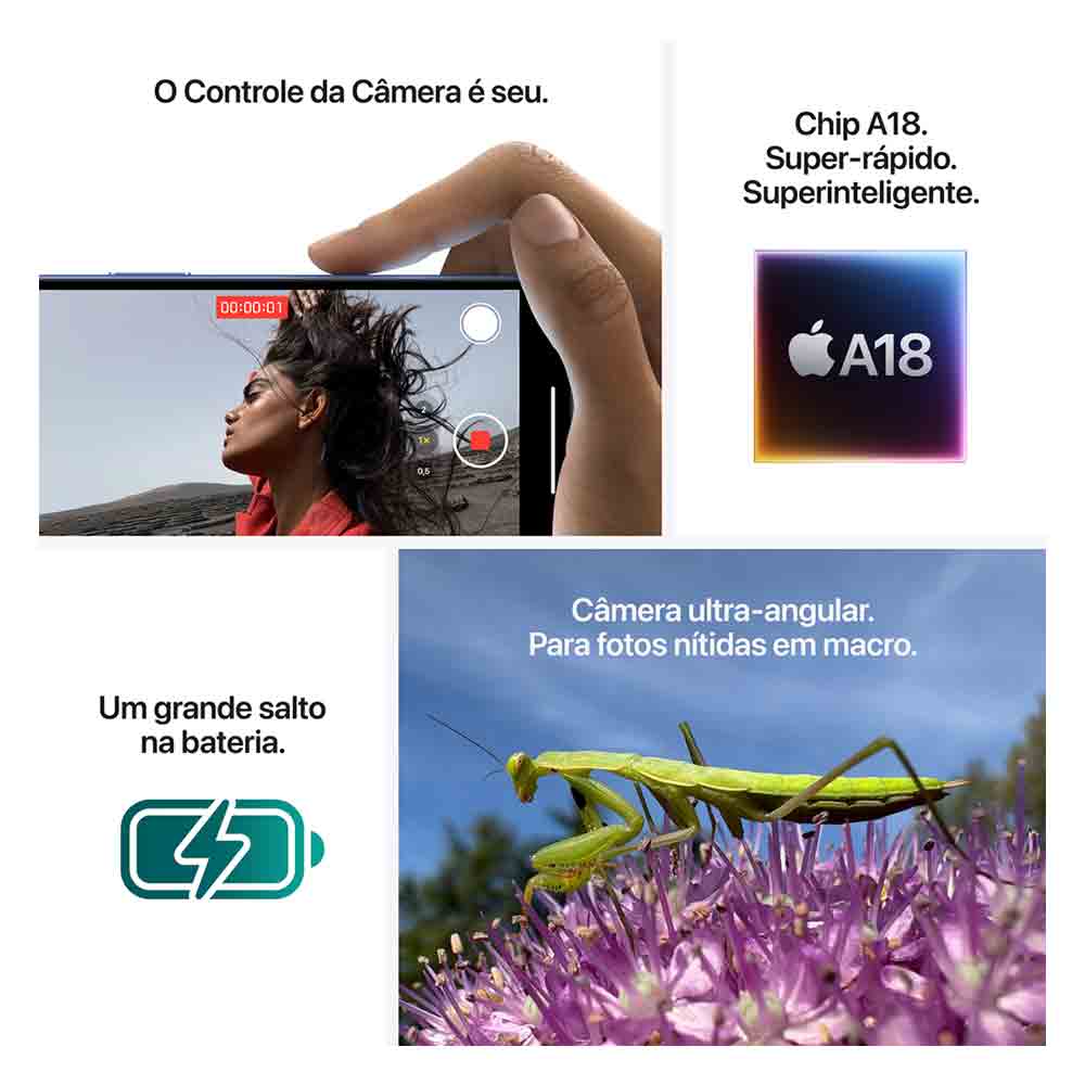iPhone 16, Tela de 6,1″, 5G e Câmera de 48MP